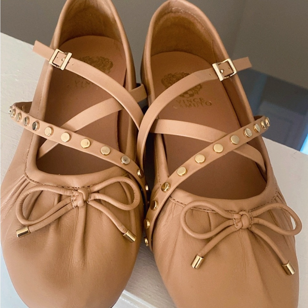 Vince Camuto Tan Gold Flats with Studded Straps